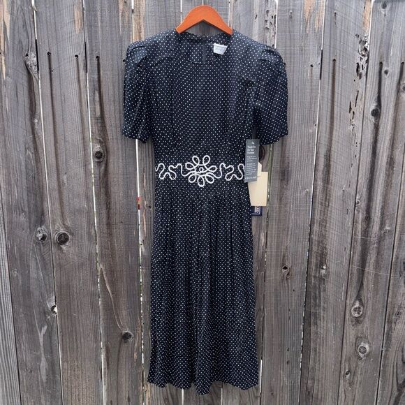 VTG Jessica Howard Dress Womens 4 Petite Blue Polka Dot Cottagecore Modest - Picture 1 of 14